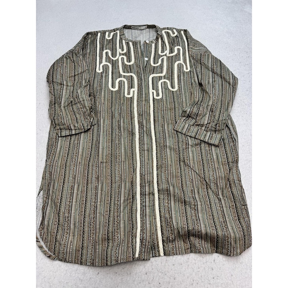 Khaadi Blouse Womens 10 Brown Stripe Embroidered Henley Tunic Top Long Sleeve